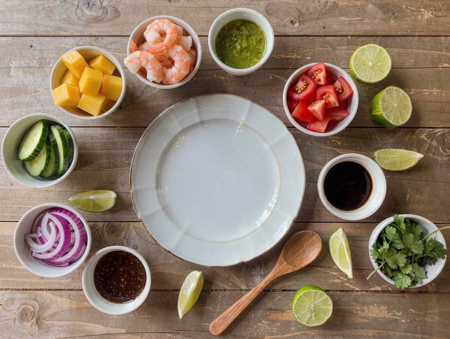 Ingredientes frescos en tazones para armar tu propio ceviche o aguachile